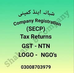 Company registration/Ntn/Gst/Ngo/Tax Returns/Secp/Firm registration