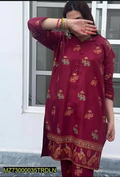 2 pcs women's stitched branded linen leaf print suit in just 1000