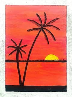Beautiful sunset beach painting with palm trees