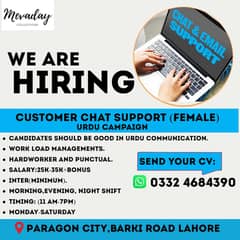 Customer Chat Support/Csr/Call Center Job (Only Female)