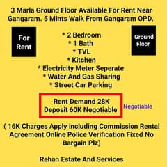 3Marla Ground Floor Available For Rent Near Gangaram Hospital Lahore