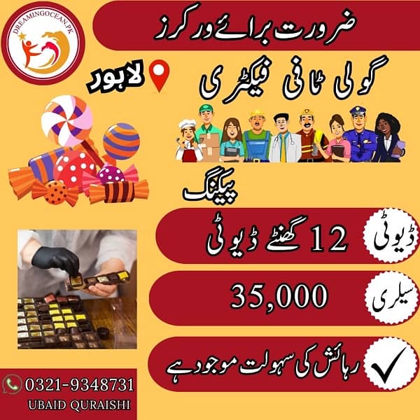 Staff/Labour Required in Biscuit/Chocolate/Medicine/Garments/Candy Fac 1