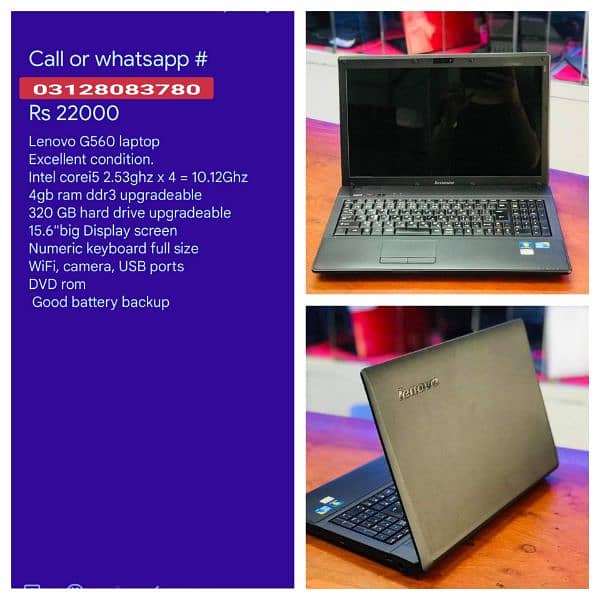 Lenovo G560 corei5 Laptop 4gb ram 320gb hard 15.6 display numpad 11