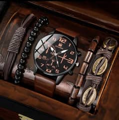 leather watch with4pcs sports bracelet