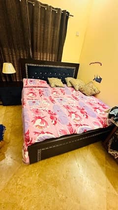 Wooden bed with blue velvet (NO MATTRESS)