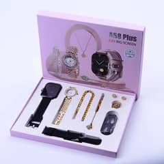 A58 Plus Women Smart Watch 2 Straps 8In1 with Gold Necklace Ring Quart