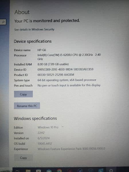 Laptop HP G6 Core i5, 8 GB ram, 256gb SSD  15.6" HD OLED  screen 10