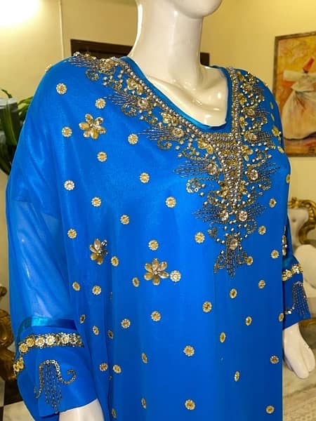 Kaftan, Arabic Kaftan, blue dress in maxi style. golden embroidered. 2