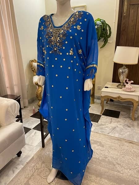 Kaftan, Arabic Kaftan, blue dress in maxi style. golden embroidered. 3
