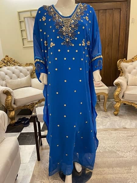 Kaftan, Arabic Kaftan, blue dress in maxi style. golden embroidered. 6