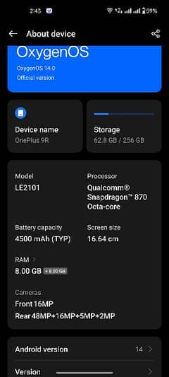 OnePlus 9r 8+8 256gb water pack globally approved