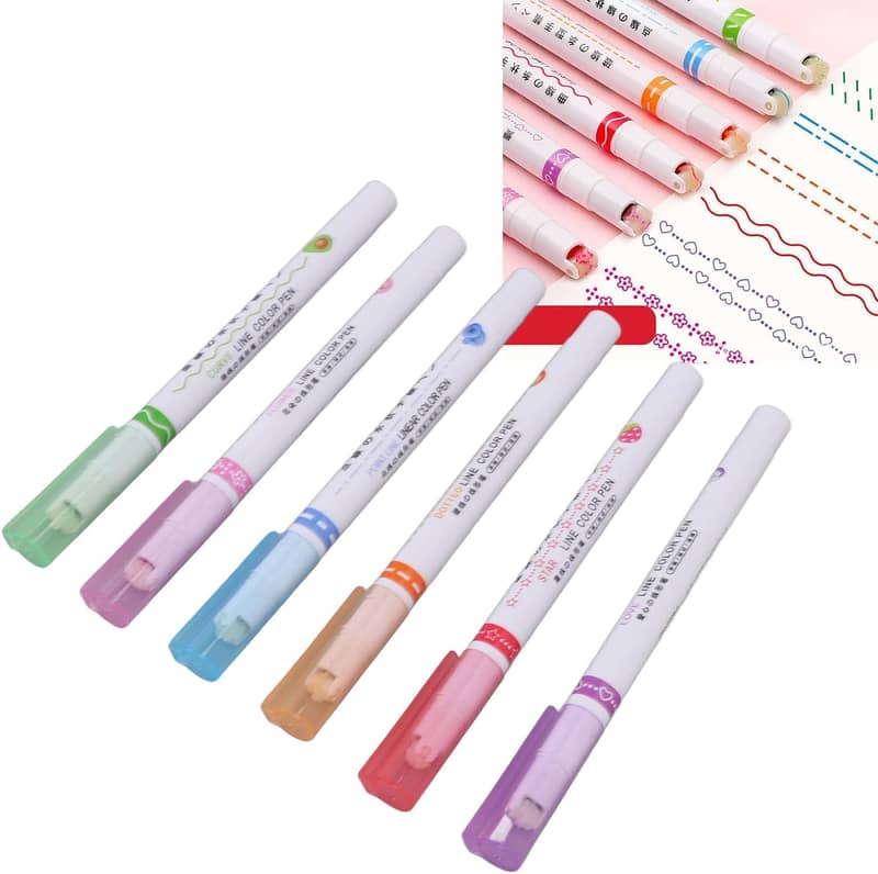 6Pack) Curve Highlighter PenSet, Colourful Curve 6 Different Shapes 3