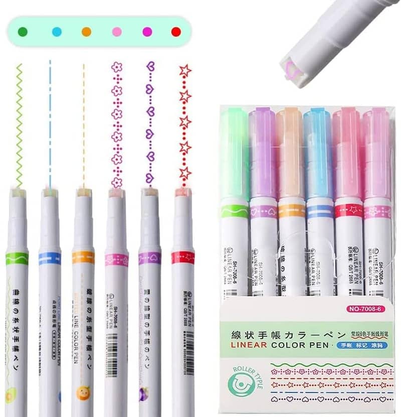 6Pack) Curve Highlighter PenSet, Colourful Curve 6 Different Shapes 4