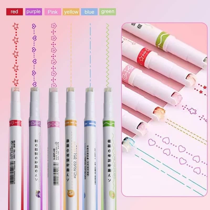 6Pack) Curve Highlighter PenSet, Colourful Curve 6 Different Shapes 0