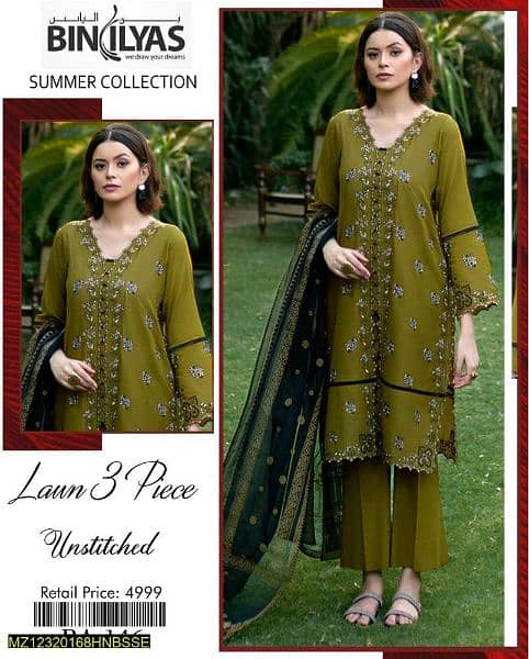 3 Pc Women's Unstitched lawn and embroidery suit 1