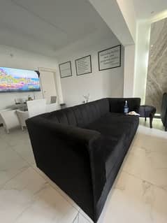 3 contemporary Black Velvet sofas with Brown Table