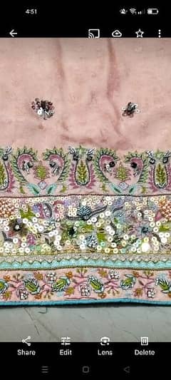 peach and blue contrast handwork embroidery suit