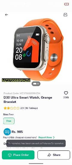 D30 ultra smart watch , orange bracelet.