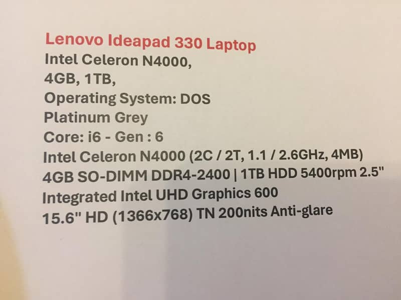 Lenovo ideapad 330  Intel celeron N4000 4gb Ram 1Tb hdd Core i6 Gen 6 10