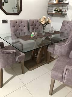 6 seater dining table tempered glass solid wooden
