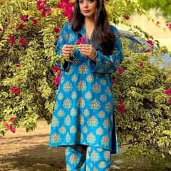 2 Pcs Women's Stitched Arabic Lawn Printed Shirt And Trouser