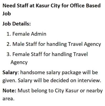 Need Staff at Kasur City for Office Based Job