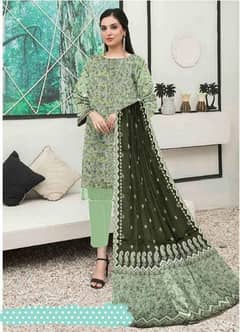 three piece women's instituted lawn painted suit Amna. B brand