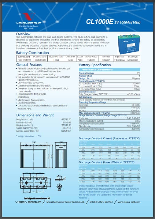 Dry cell 2v 1000 AH vision brand electronic etc solar cell 2v 1000ah 1