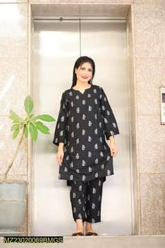 2 Pcs Women's Stitched Linen Block Printed Shirt And Trouser