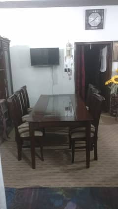 Glass+Wood Top & Sliding Tray Dining Table along with 6 wooden Chairs