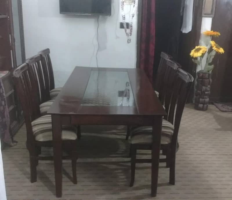 Glass+Wood Top & Sliding Tray Dining Table along with 6 wooden Chairs 1