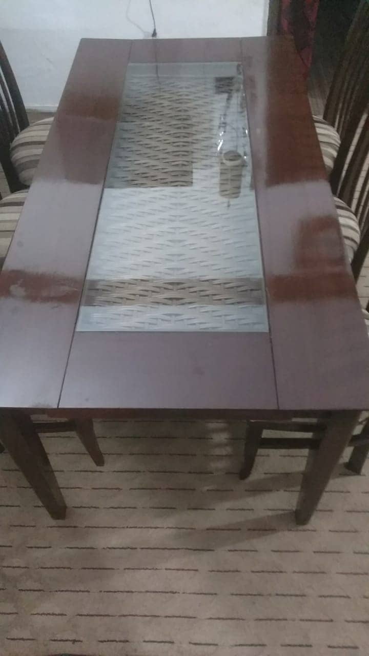 Glass+Wood Top & Sliding Tray Dining Table along with 6 wooden Chairs 2