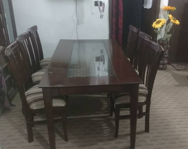 Glass+Wood Top & Sliding Tray Dining Table along with 6 wooden Chairs 6