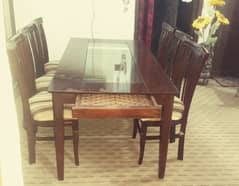 Glass+Wood Top & Sliding Tray Dining Table along with 6 wooden Chairs