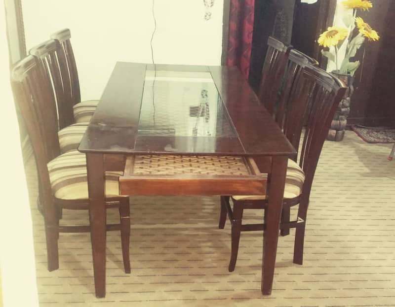 Glass+Wood Top & Sliding Tray Dining Table along with 6 wooden Chairs 0