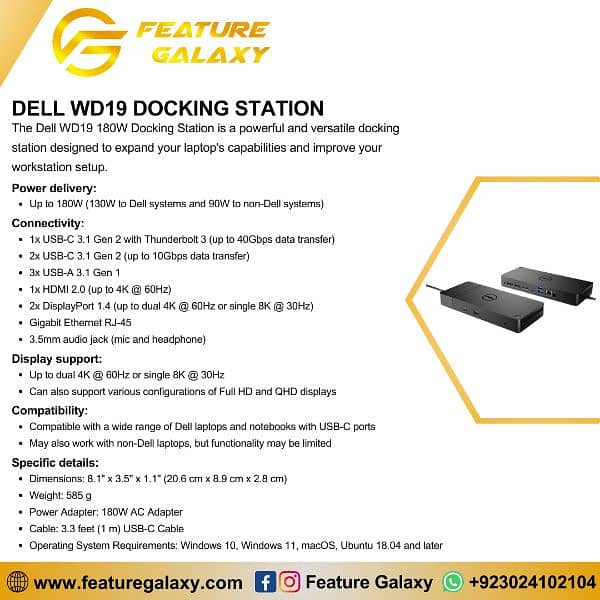 Dell WD19, WD19TBS Thunderbolt, TB16, D6000 Universal Docking Station 3