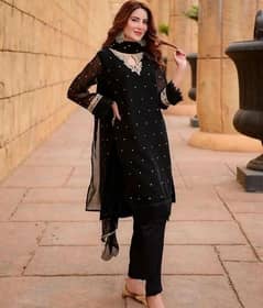 3 pc women stitched chiffon embroidered suit