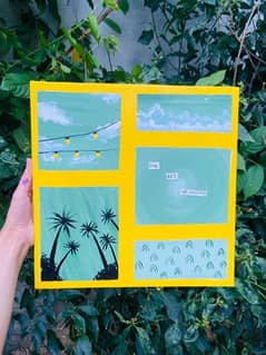 green and yellow themed painting with different sceneries
