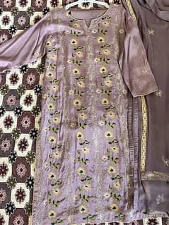 Embroided raw silk stitched 3 piece dress
