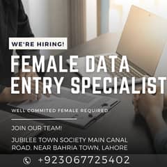 Female Data Entry Specialist Required - Jubilee Town, Lahore