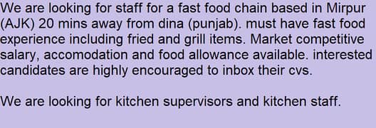 Staff required for Fast Food(fried, grill and pizza)
