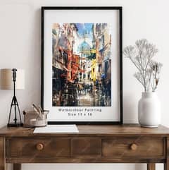 BEAUTIFUL BUSY STREET WATER COLOUR PAINTING
