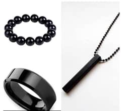Vertical Bar Boy's Neckless, Ring And Bracelet Set, Pack Of Three