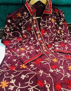 2 Pcs Women's Stitched Katan Silk Embroidered Suit