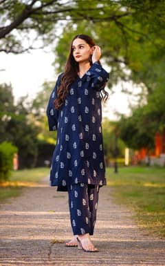 2 Pcs Women’s Stitched Star Print Linen Casual Wear For Girls