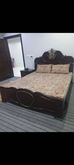 wooden bed with matres, and 2 side tables