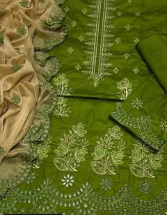 3 PCs women unstitched cotton chickankari  embroidered suit