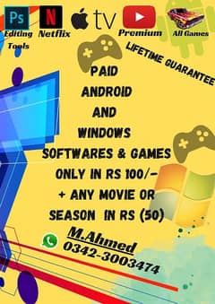 Android or windows software or games and any movie and season availabl