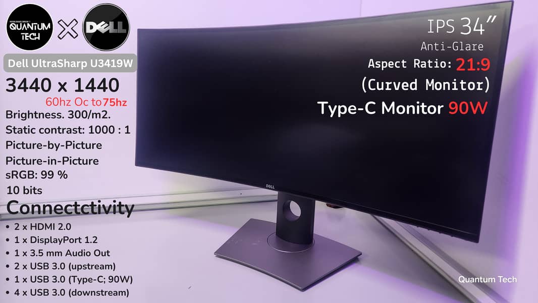 34inch 4k 10BIT TypeC Dell UltraSharp U3419W Ultra Wide Curved Monitor 1