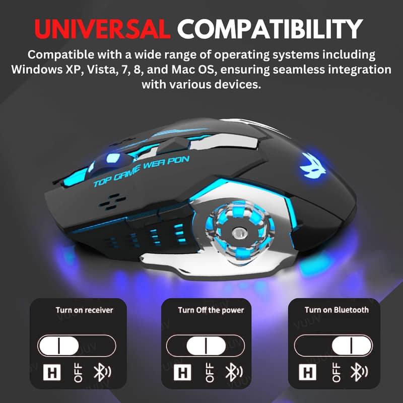 Wireless GaminG Mouse T2 RGB 2.4 Ghz Mechanical 6 Buttons USB Bluetuth 2